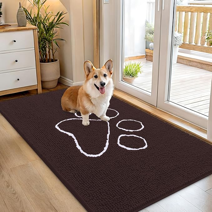 OLANLY Dog Door Mat for Muddy Paws 54x32, Paw Print Design Chenille Mud Mat