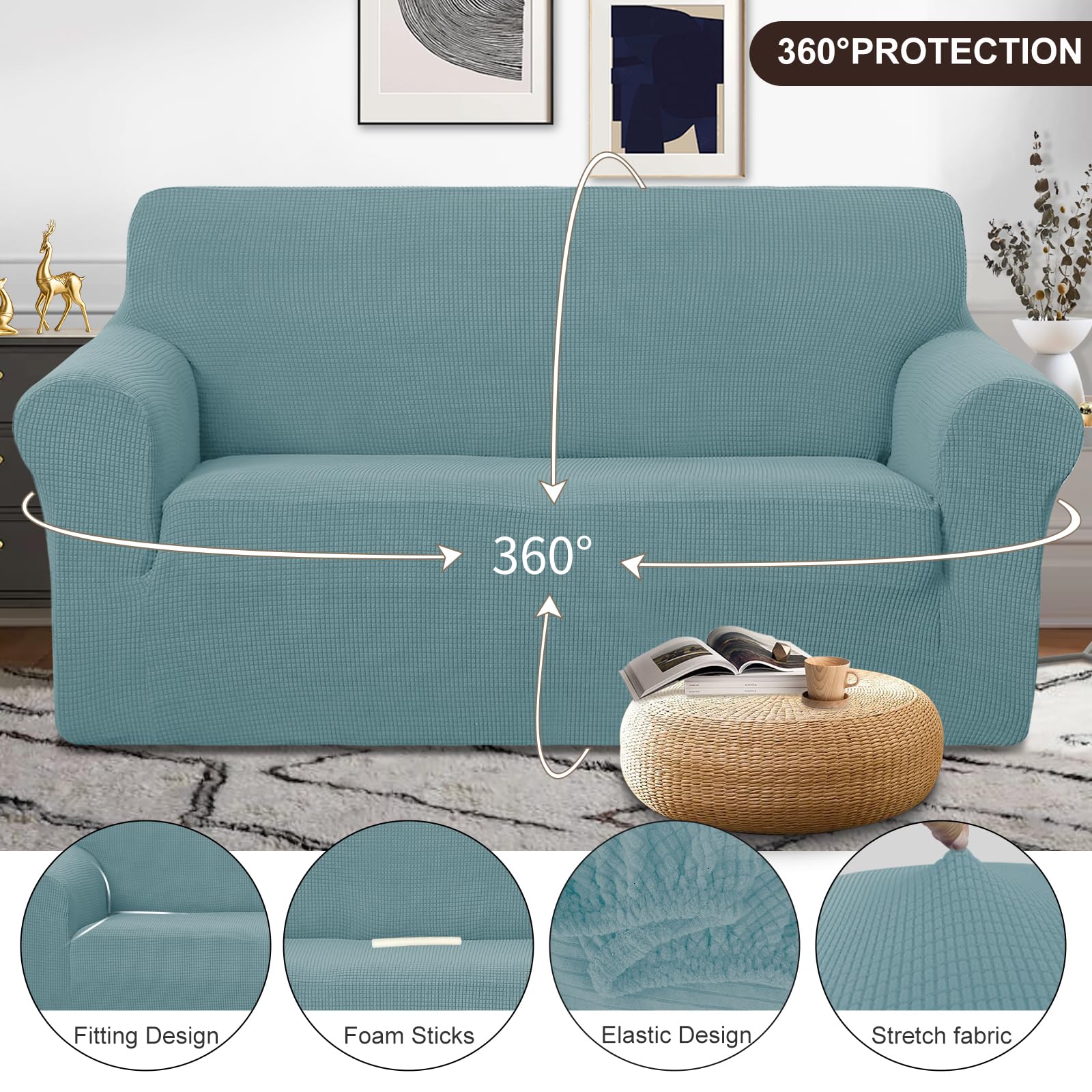 U-NICE HOME Oversized Stretch Loveseat Couch Cover, Light Blue