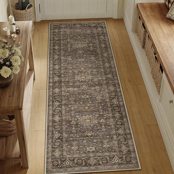 2x10 Washable Runner Rug for Hallway Kitchen Vintage Brown Non Slip Low Pile Carpet Traditional Retro Soft Throw Rug for Bathroom Bedroom Entryway Indoor Entrance