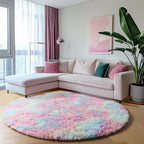 ONASAR Rainbow Round Area Rugs 5ft, Soft Bedroom Circle Rug Mats for Kids Girls Teen Room, Kawaii Fluffy Plush Shaggy Carpet for Dorm Nursery Living Room Playroom Home Decor Princess Castle