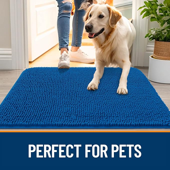 OLANLY Dog Door Mat for Muddy Paws 47x32, Absorbs Moisture and Dirt, Absorbent Non-Slip Washable Doormat, Quick Dry Chenille Mud Mat, Entry Indoor Entryway Carpet for Inside Floor, Deep Navy Blue