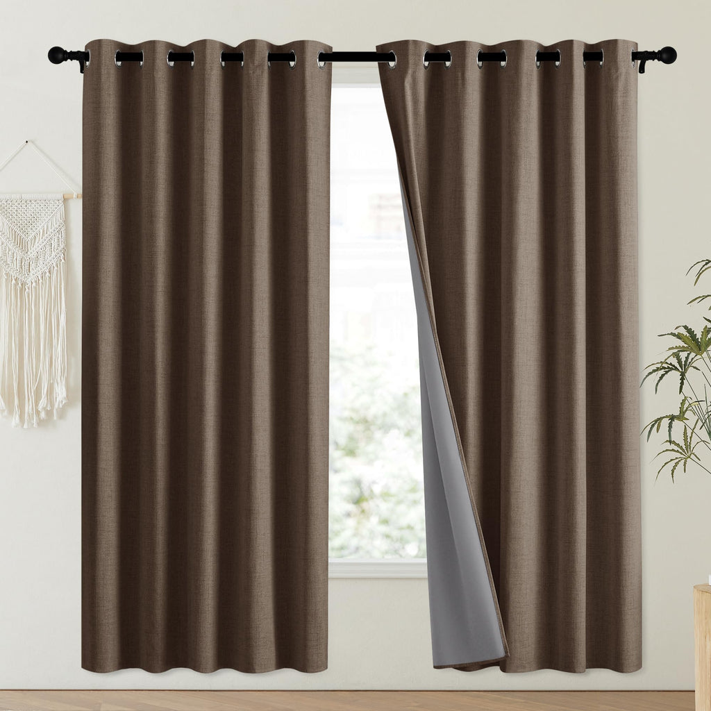 NICETOWN Coffee Vintage Linen 100% Blackout Curtains for Playroom, Thermal Insulated Curtains 72" Long, Noise Reducing Window Treatment Drapes for Laundry Room, 62" Wide Per Panel, Set of 2