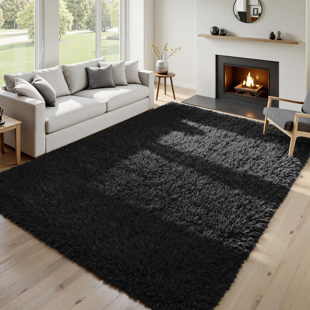 8x10 Fluffy Shag Area Rugs for Living Room Bedroom: Soft Plush Carpet Black