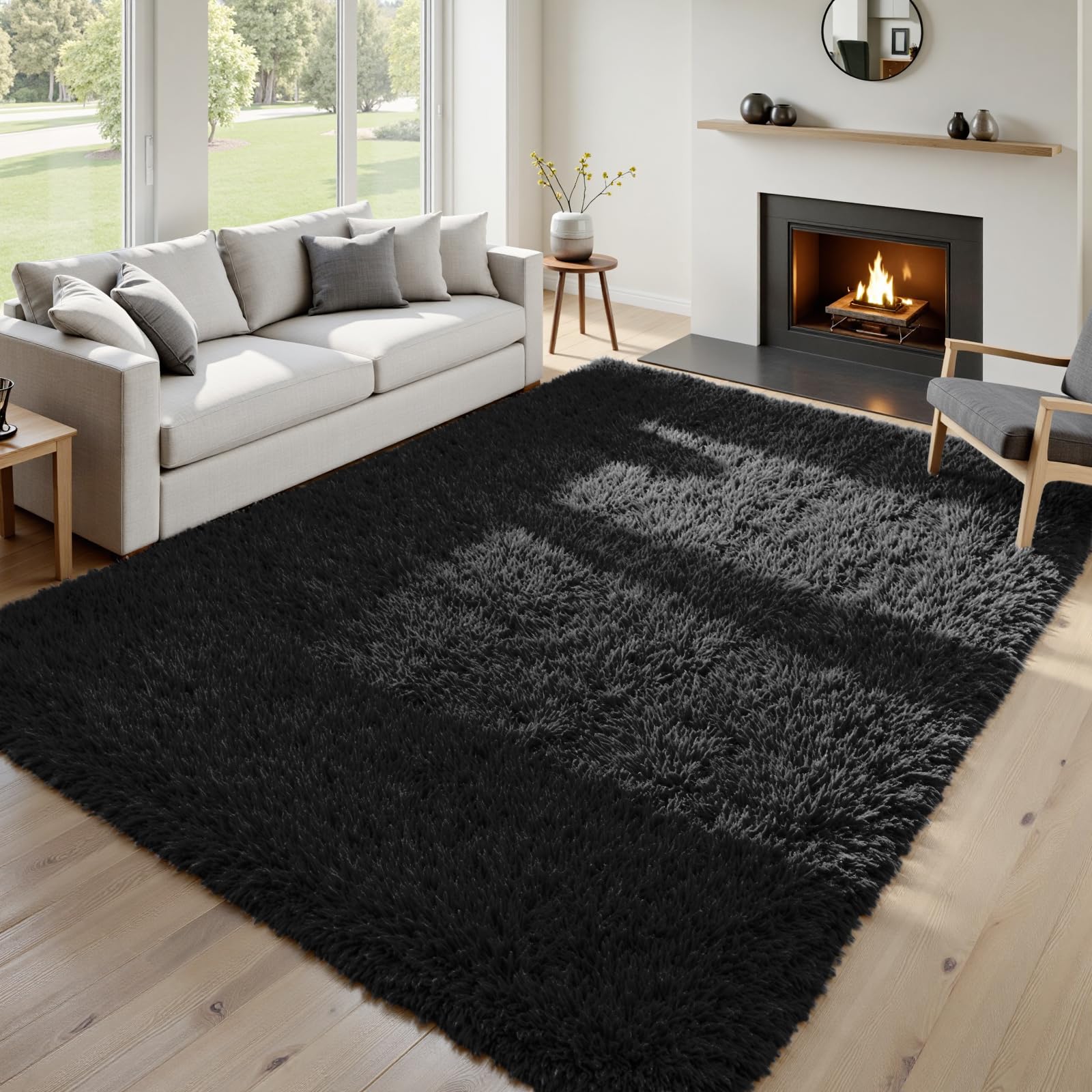 8x10 Fluffy Shag Area Rugs for Living Room Bedroom: Soft Plush Carpet Black