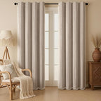 Brown Boho Blackout Curtains 2 Panels 84 Inch for Living Room Bedroom, Warm Taupe Linen Texture Farmhouse Curtains with Tassels and White Cotton Embroidery Vintage Rustic Country Western