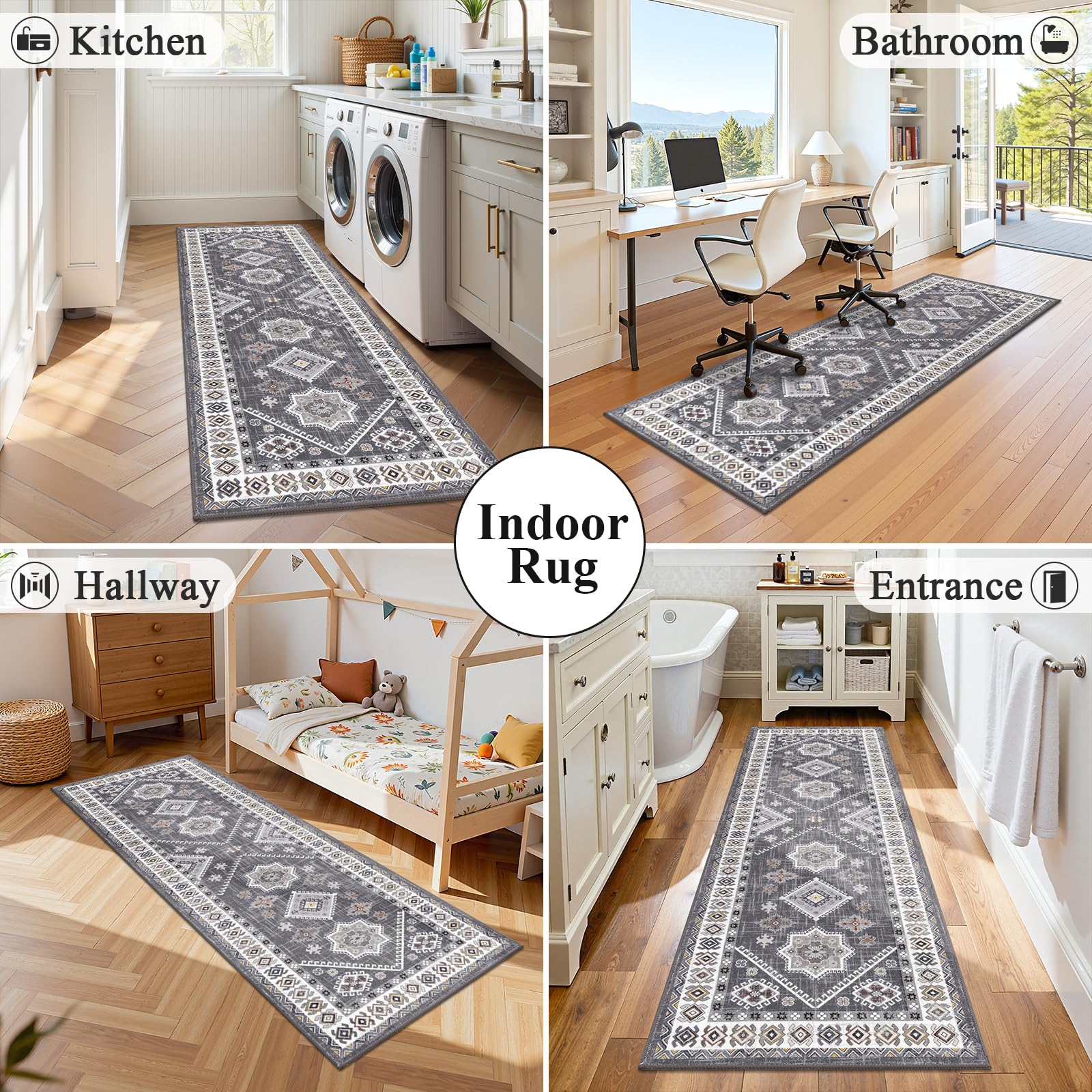 HEBE Boho Kitchen Mats for Floor 24''x72'', Non Slip Washable Runner Rug