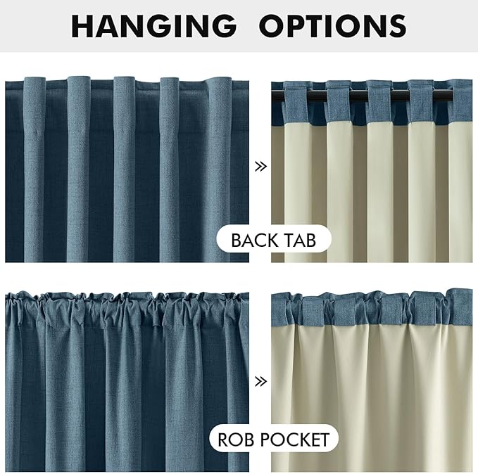 MIULEE 100% Blackout Linen Curtains for Bedroom, Stone Blue Solid Luxury Decor Thermal Insulation Room Darkening Drapes for Living Room Nursery Back Tab Rod Pocket 42 x 108 Inches, 2 Panels
