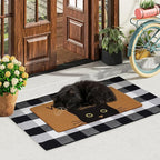 UINI Door Mat Combo Set, 28" x 43" Plaid Mat +17" x 30" Black Cat with Green Eyes Doormat, 2 PCS Welcome Mat Set for Front Door, Entrance, Porch Decor, Non-Slip