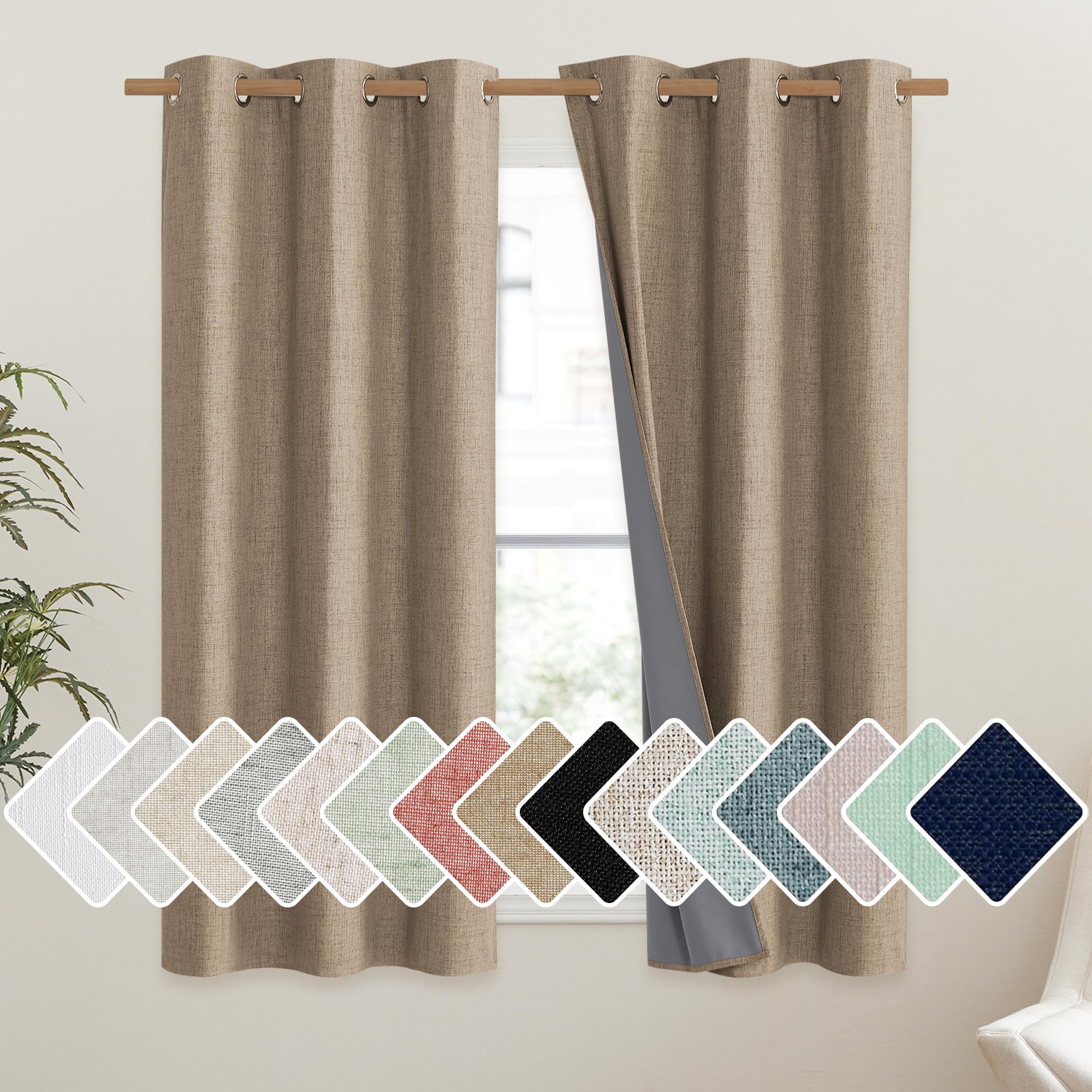 NICETOWN Burlap Vintage Open Linen Weave Flax Thermal Curtains, 100% Blackout Curtains 45" Long for Dining Room, Soundproof Window Treatment Drapes for Kitchen, 42" Wide Per Panel, Set of 2