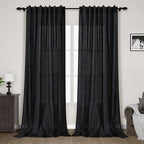 Black Linen Curtains 144 inch Extra Long for Living Room Back Tab Light Filtering Semi Sheer Drapes Modern Farmhouse Muslin Look Decor Cotton Textured Curtain for Floor to Ceiling Window 12 FT