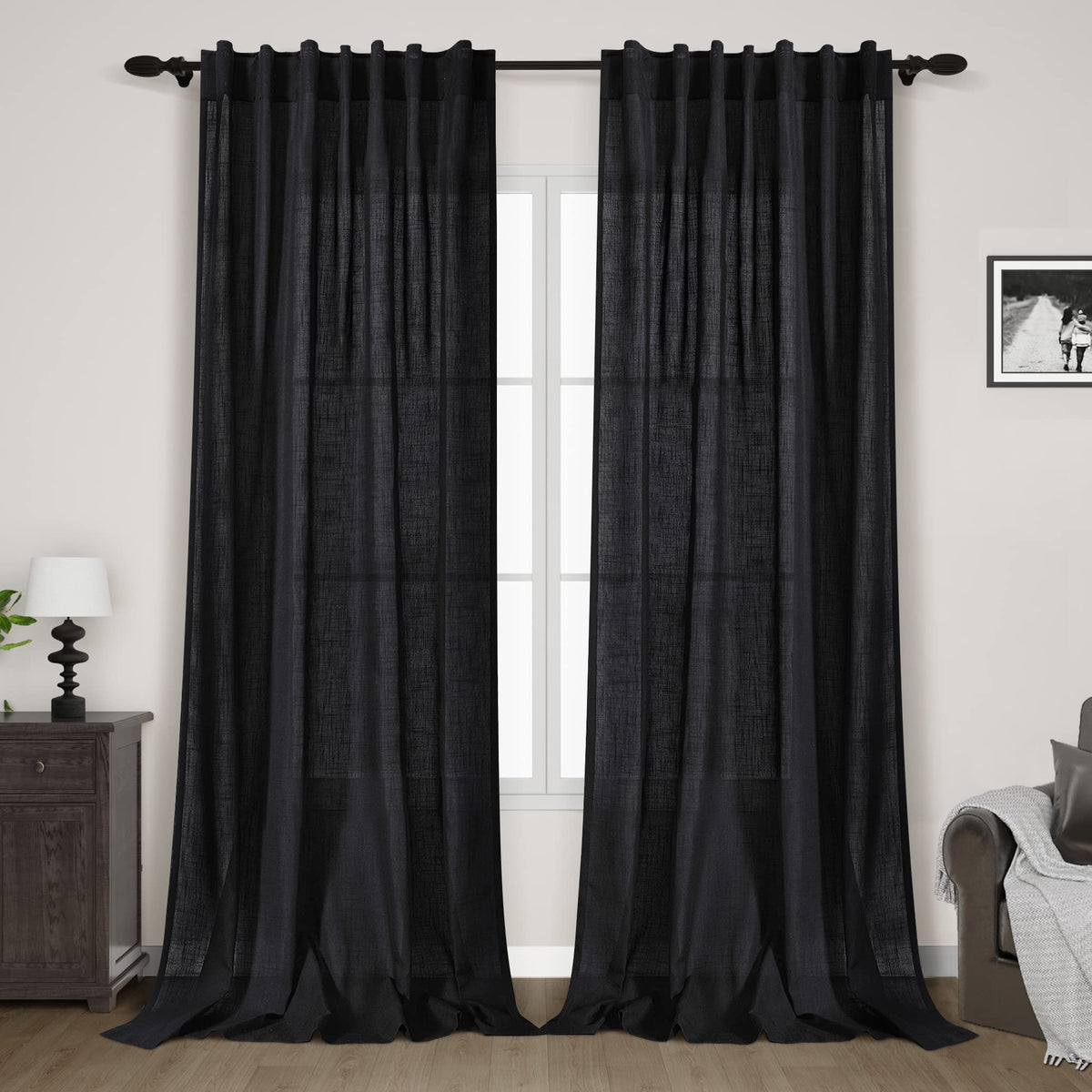 Extra Long Tan Beige Curtains 120 inch Length 2 Panels Set Back Tab Neutral Farmhouse Drapes Light Filtering Semi Sheer Linen Curtain 120 inches Long for Floor to Ceiling Window Patio Sliding Door