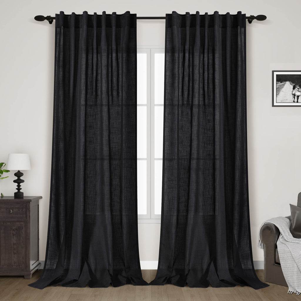 Linen Black Curtains 145 inch Extra Long for Living Room Back Tab Light Filtering Semi Sheer Drapes Modern Farmhouse Coastal Decor Cotton Textured Curtain for Floor to Ceiling High Window 52x145