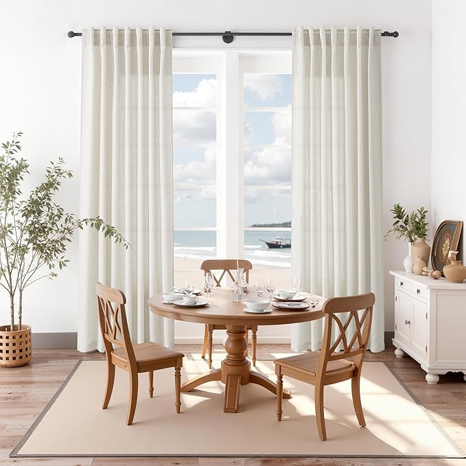 Nanspring Mousse White Linen Curtains for Living Room 108 Inches Long Simple Modern Light Filtering Semi Sheer Curtain Back Tab Coastal Decor Floor to Ceiling High Window for Bedroom 52x108, 2 Panels