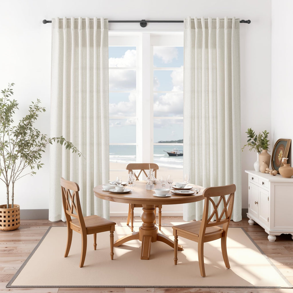 Nanspring Mousse White Linen Curtains for Living Room 108 Inches Long Simple Modern Light Filtering Semi Sheer Curtain Back Tab Coastal Decor Floor to Ceiling High Window for Bedroom 52x108, 2 Panels