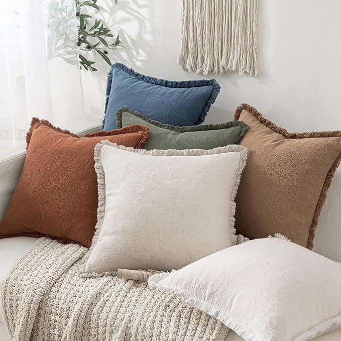 MIULEE Decorative Throw Pillow Covers Neutral Linen Fringe Throw Pillows Set of 2 Blue Ashes Boho Farmhouse Cushion Covers with Tassels for Couch Sofa Bed Spring Home Decor 26x26 Inch