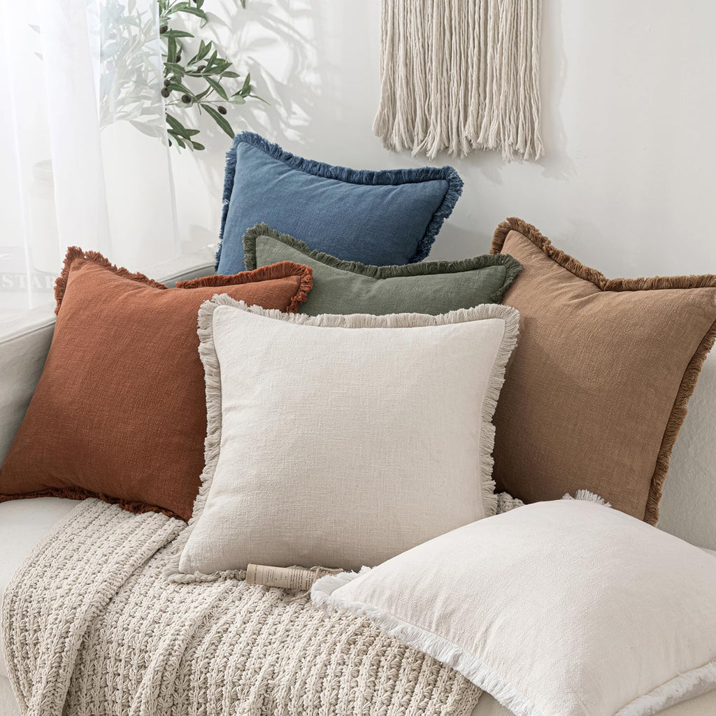 MIULEE Linen Fringe Decorative Euro Throw Pillow Covers Blue Ashes 22x22