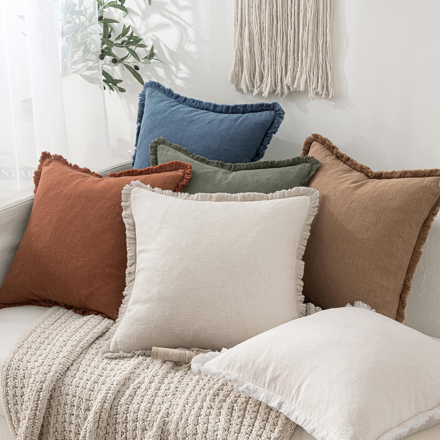 MIULEE Linen Fringe Decorative Euro Throw Pillow Covers Blue Ashes 22x22
