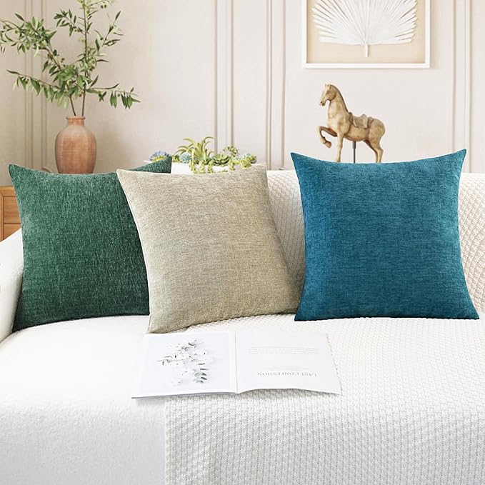 CaliTime Christmas Throw Pillow Covers Decorative 18 X 18 Inches Pack of 2 Cozy Chenille Cushion Cases for Couch Sofa Bed Living Room Home Dark Green