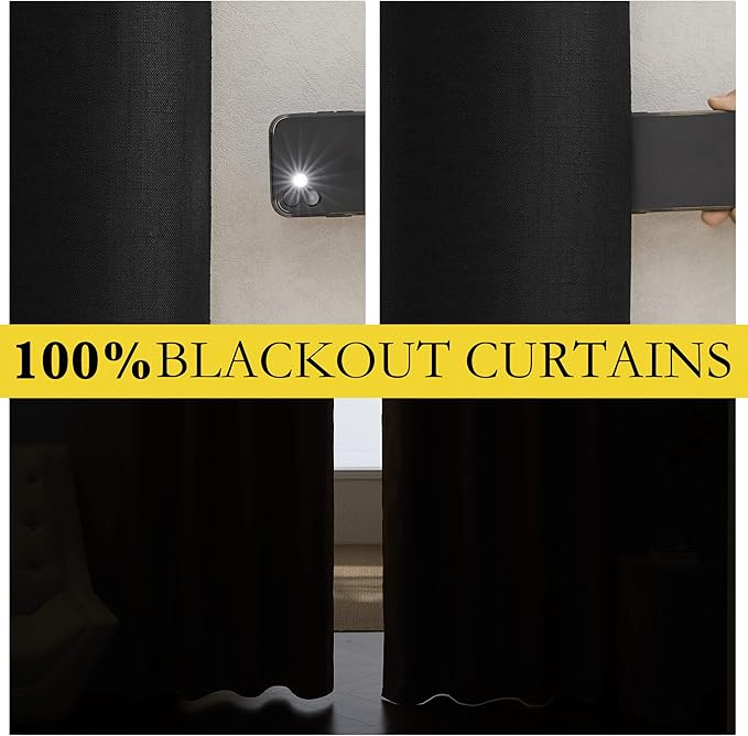 NICETOWN Black Out Linen Curtains, Complete Blackout Shades for Large Window Door, 100% Blackout Window Curtain Panels with White Lined, 62" Width Each Panel, 95" Length, 2 Pieces