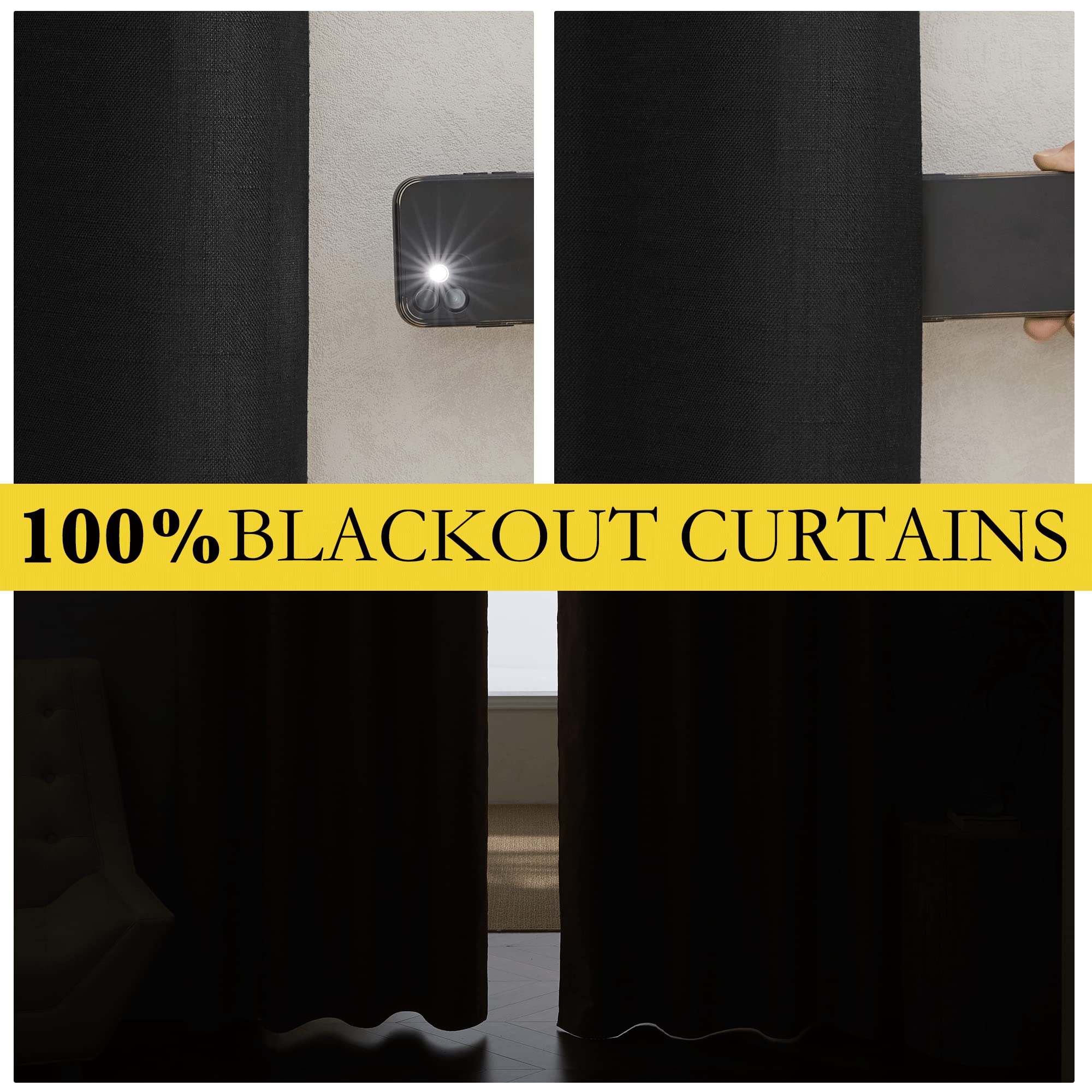NICETOWN Black Out Linen Curtains, Complete Blackout Shades for Large Window Door, 100% Blackout Window Curtain Panels with White Lined, 62 inches Width Each Panel, 108 inches Length, 2 Pieces
