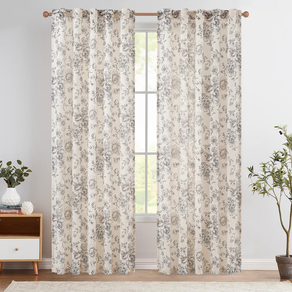 jinchan Vintage Floral Linen Curtains 84 Long for Living Room 2 Panels