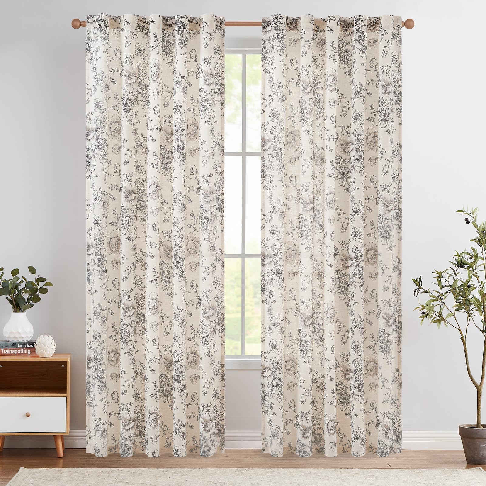 jinchan Vintage Floral Linen Curtains 84 Long for Living Room 2 Panels
