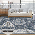 Area Rug 6x9 Washable Rug, Vintage Boho Medallion Rugs Non-Slip Soft Low Pile Large Distressed Rug Indoor Retro Carpet for Living Room Bedroom Dining Room Home Office (Vintage Blue, 6'x9')