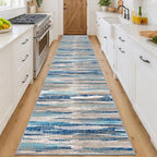 Lansny Modern Abstract Runner Rug 3x16, Blue Washable Long Kitchen Runner Non-Slip Soft Hallway Rug Runner Ultra Thin Print Faux Wool Carpet for Entryway Bedroom Laundry Room Indoor Home Decor