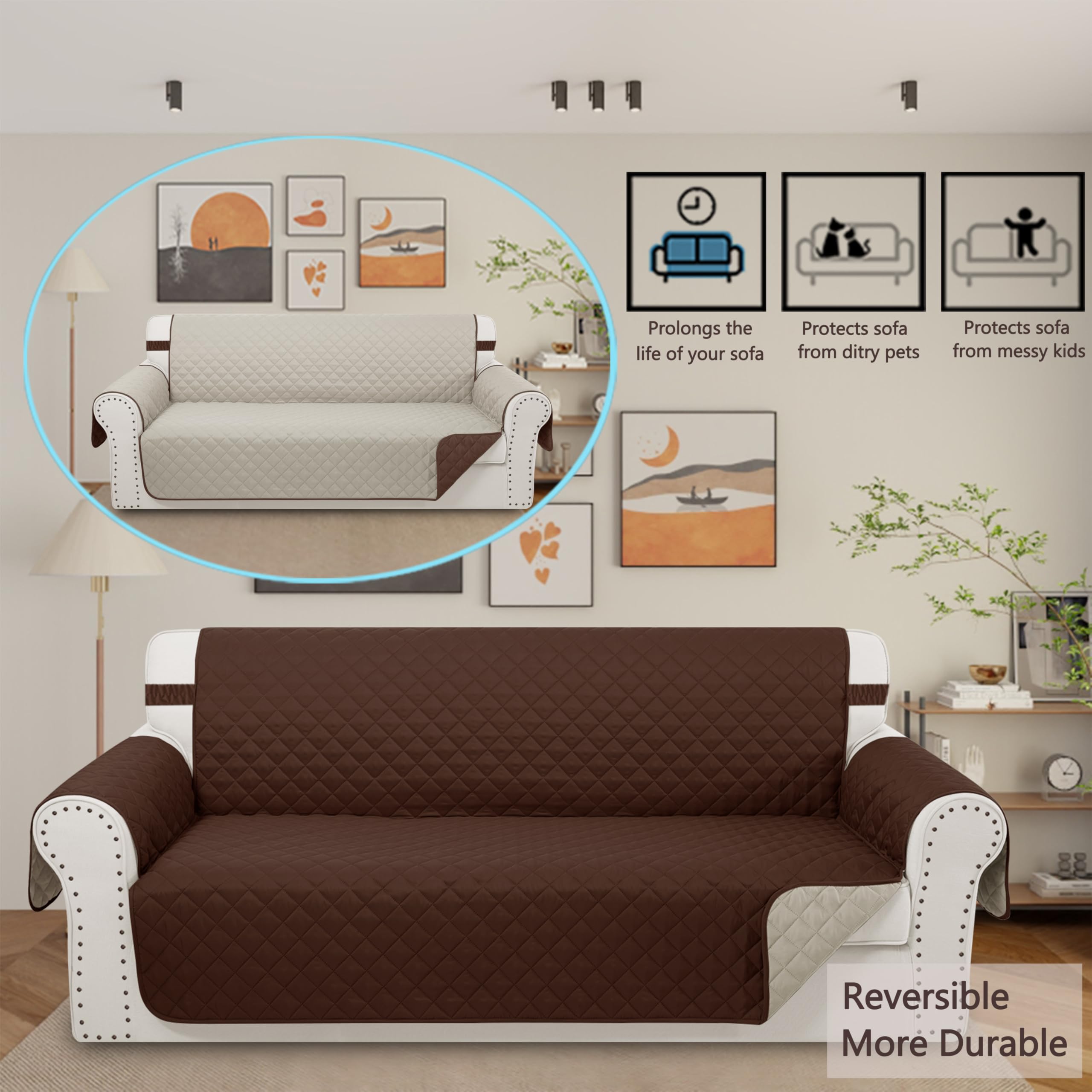 Luxshare Home Reversible Couch Cover for 3 Cushion, Sofa, Brown/Beige