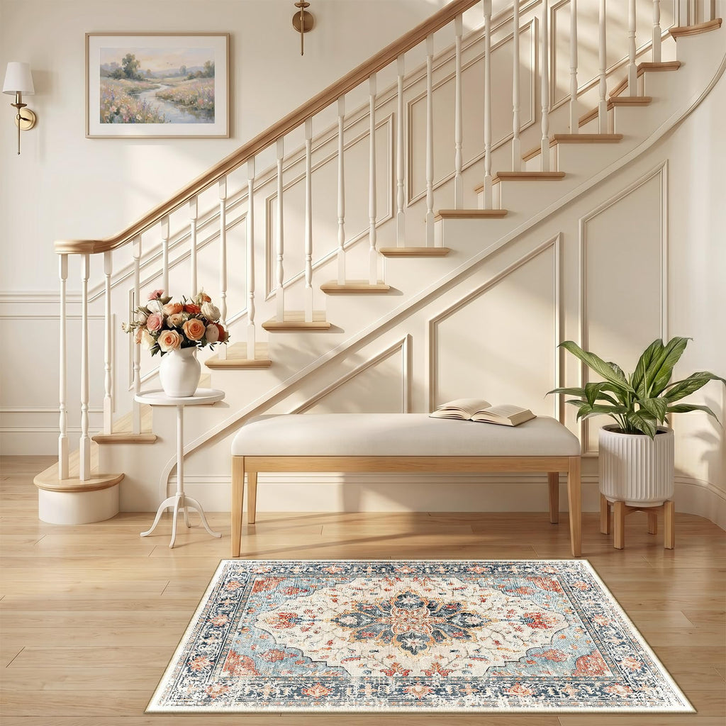 RELEANY Washable Area Rug, Small 2'6"x4', Beige/Blue/Orange