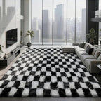 Large Area Rugs for Living Room Bedroom,9x12 Black and White Fluffy Soft Checkered Rug Fuzzy Shag Shaggy Carpet, Indoor Plush Floor Rugs for Kids Boys Girls Teen Dorm Nursery Home Decor