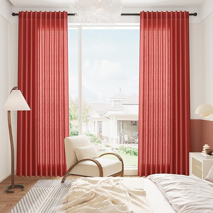 Christmas Red Linen 120 Inch Curtains for Living Room Light Filtering Semi Sheer Curtain Back Tab Vintage Rustic Neutral Luxury Home Decor Floor to Ceiling High Window for Bedroom 52x120,2 Panels
