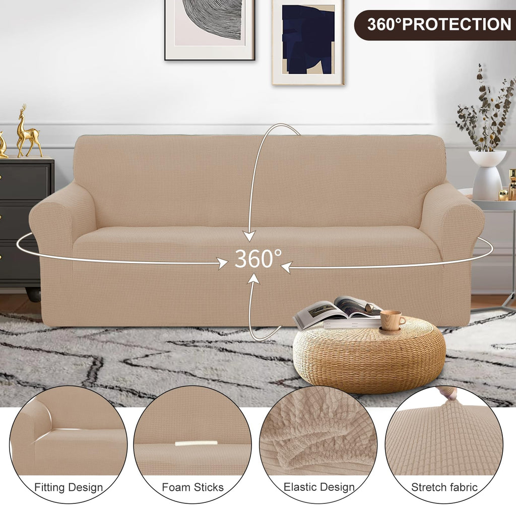 U-NICE HOME Stretch Couch Cover Sofa Covers for 3 Cushion Couch Slipcover with Elastic Bottom Furniture Protector for Dogs, Spandex Jacquard Soft Fabric (Large, Camel)