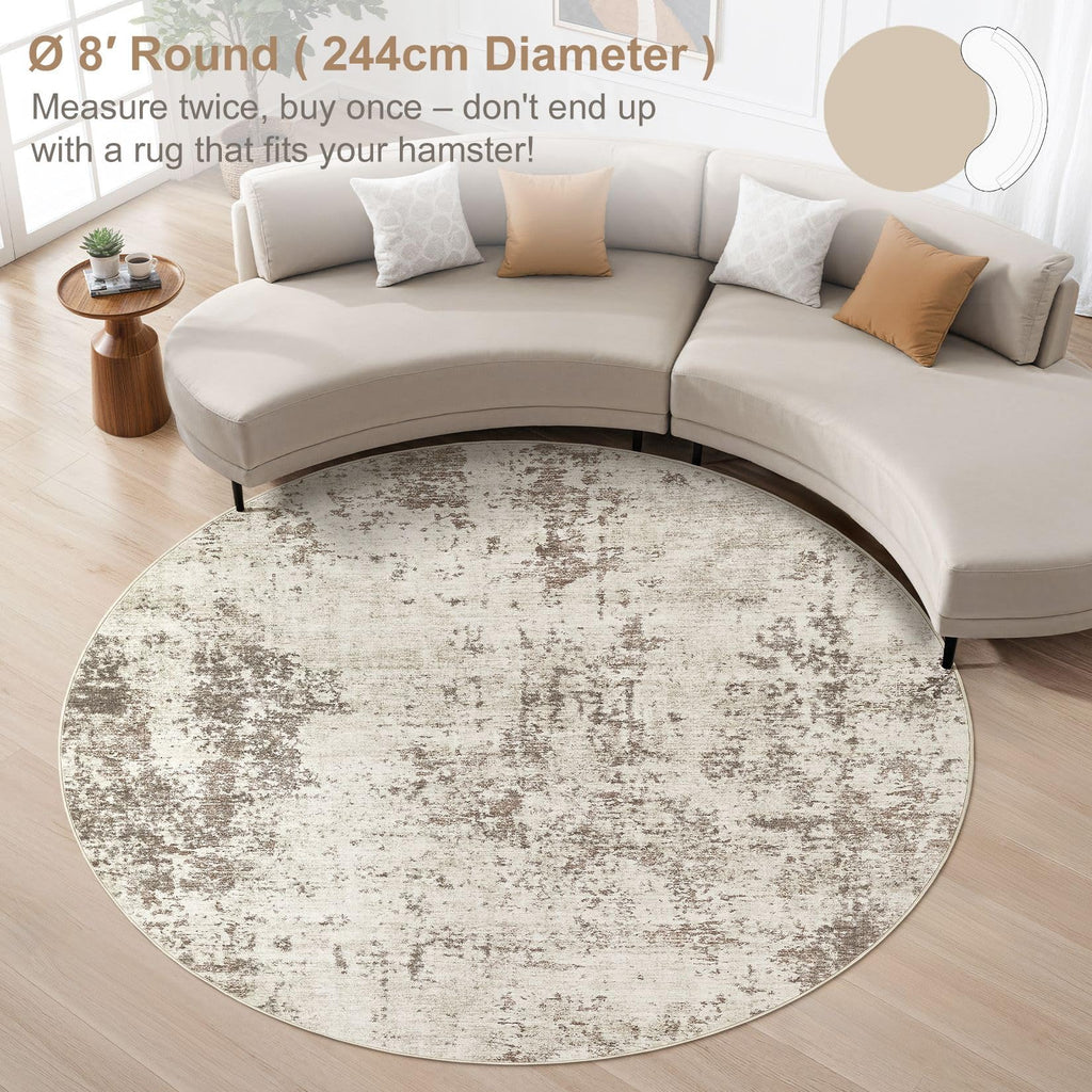 UERMEI 8ft Round Area Rug Living Room Rugs - 8x8 Washable Neutral Modern Abstract Soft Thin Rug Indoor Floor No Slip Rug Carpet for Bedroom Under Dining Table Home Office Decor - Golden Grey