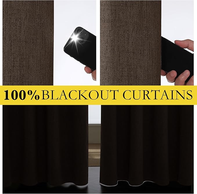 NICETOWN Coffee Vintage Linen 100% Blackout Curtains for Living Room, Thermal Insulated Curtains 90" Long, Noise Reducing Window Treatment Drapes for Home Cinema, 52" Wide Per Panel, Set of 2