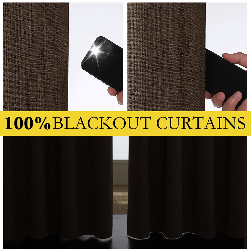 NICETOWN Coffee Vintage Linen 100% Blackout Curtains for Living Room, Thermal Insulated Curtains 72" Long, Noise Reducing Window Treatment Drapes for Hall Room, 52" Wide Per Panel, Set of 2