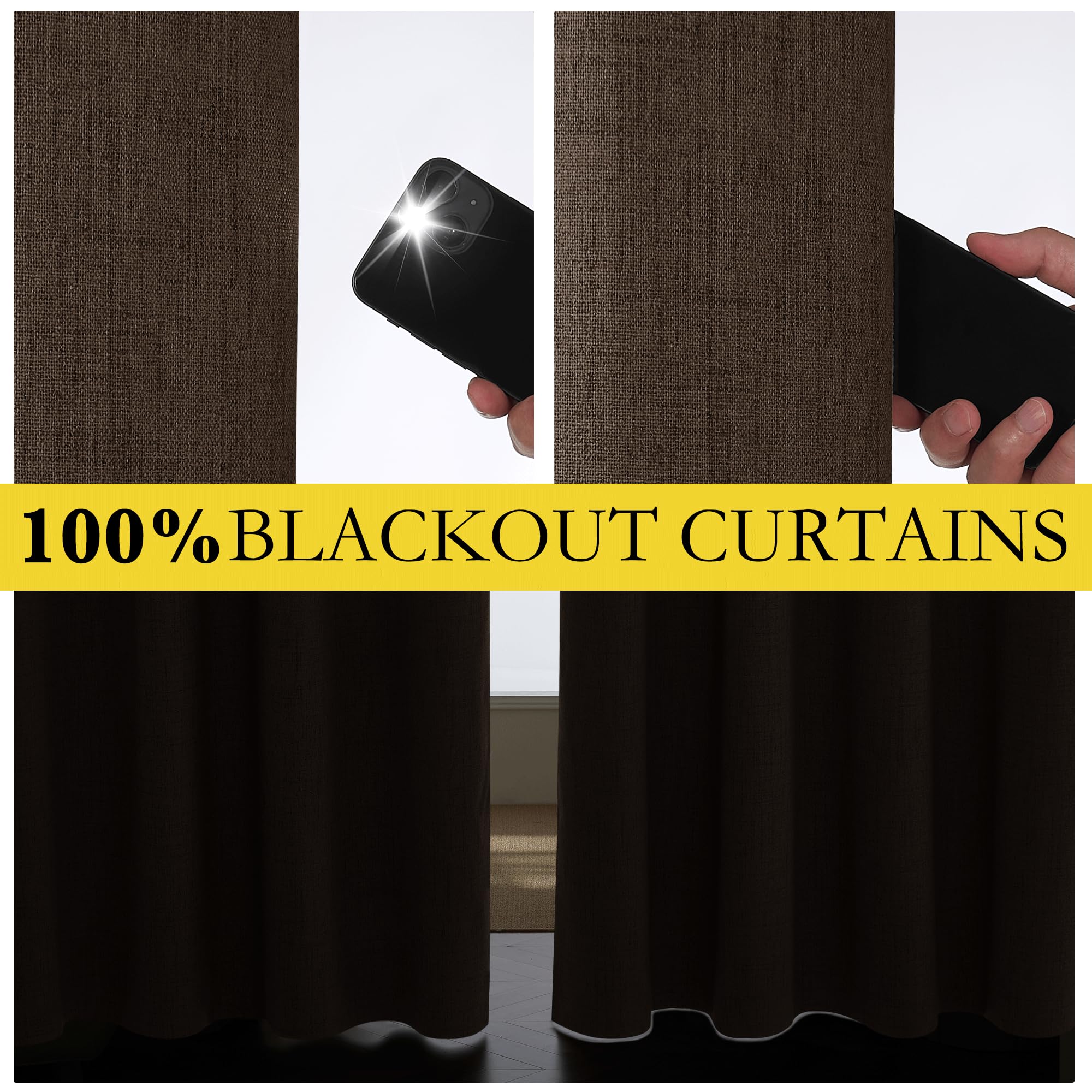 NICETOWN Coffee Vintage Linen 100% Blackout Curtains for Living Room, Thermal Insulated Curtains 45" Long, Noise Reducing Window Treatment Drapes for Hall Room, 52" Wide Per Panel, Set of 2