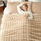 Cozy Bliss Faux Fur Throw Blanket for Couch, Bubble Plush Blanket Queen Size, Fuzzy Soft & Thick Blanket for Bed Sofa Living Room, 90x90 Inches Beige