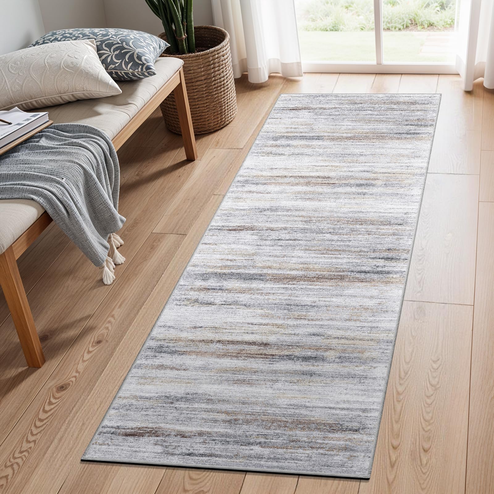 2x7 Washable Runner Rugs for Hallway: Easy-to-Clean Abstract Runners for Entryway Bedroom - Stain and Water Resistant Rugs with Non-Slip Backing - Soft Low-Pile Carpet Beige Grey