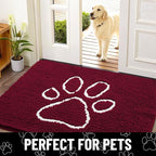 Smiry Dog Door Mat for Muddy Paws, Absorbent Dirt Trapper Non Slip Quick Dry Washable Chenille Mat for Mud Dogs, Entry Rug for Indoor and Outdoor (24x16 Inches, Burgundy and White)