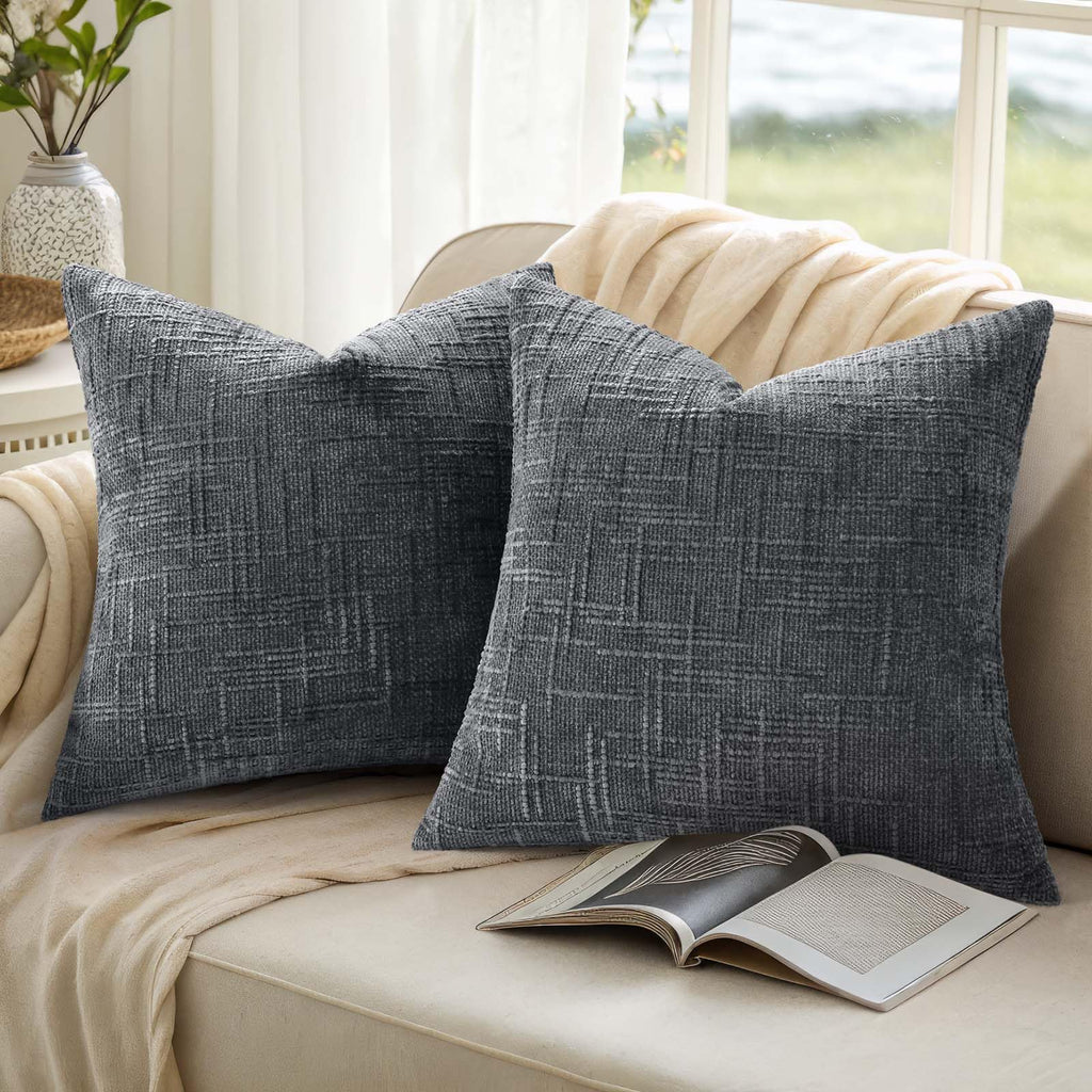 decorUhome Textured Chenille Throw Pillow Covers 22x22 Set of 2 Dark Grey