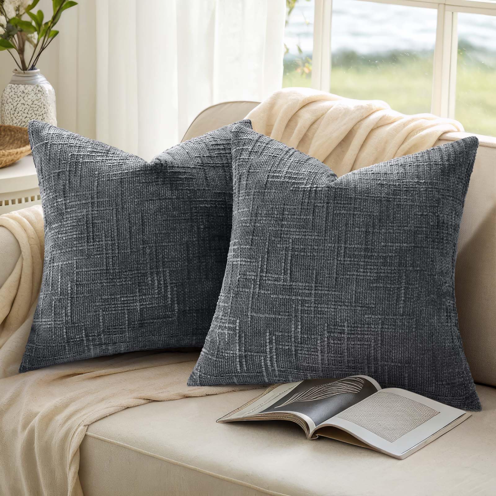 decorUhome Textured Chenille Throw Pillow Covers 22x22 Set of 2 Dark Grey