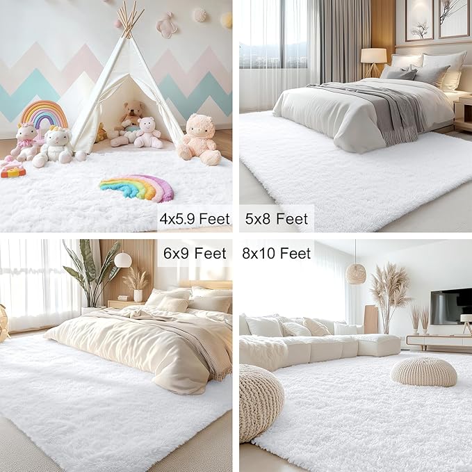 OLANLY 8x10 Machine Washable Large Area Rugs for Living Room, Bedroom, Soft Fluffy Shaggy Bedside Rug, Indoor Floor Carpet for Kids Girls and Boys, Dorms, Nursery, Home Decor Aesthetic, White