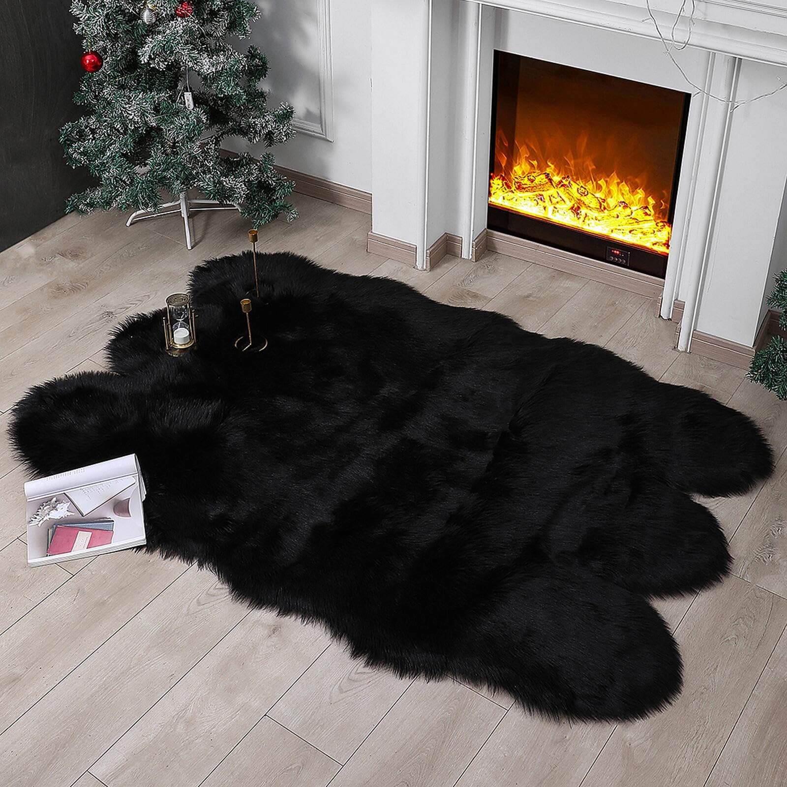 linmopm Faux Fur Sheepskin Rug, Black, 4x6 ft