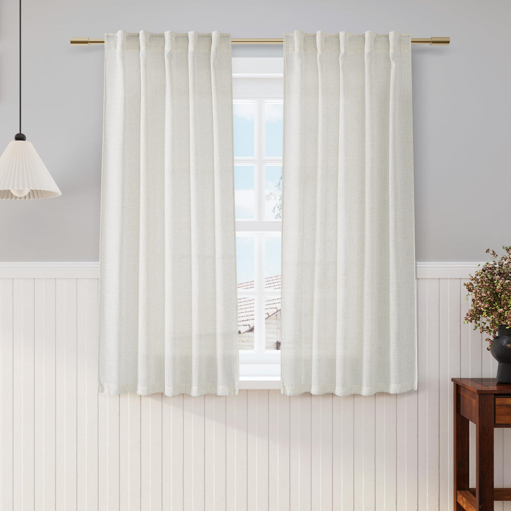 Nanspring Cream Cafe Curtains 54 Inch Length Set 2 Panel Back Tab Pocket Semi Sheer Short Linen Cream Curtain Tiers for Small Bathroom Window Basement 38x54