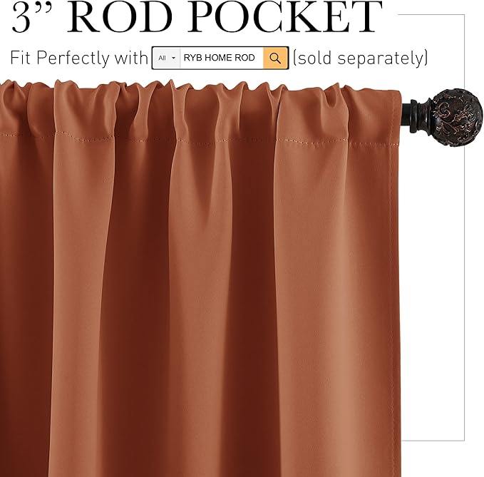 RYB HOME Short Burnt Orange Blackout Curtains for Small Bedroom Window Cafe