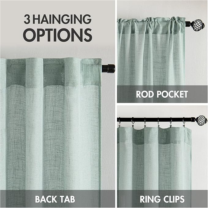 MIULEE Sea Green Linen Curtains 96 Inch Long for Bedroom Living Room, Soft Thick Linen Textured Window Drapes Semi Sheer Light Filtering Back Tab Rod Pocket Burlap Look Aqua Decor, 2 Panels