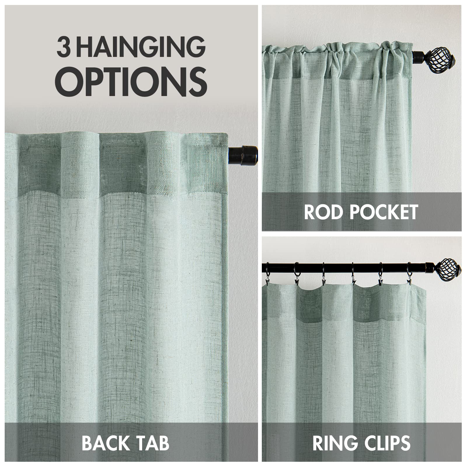 MIULEE Sea Green Linen Curtains 52x90 Inch Long for Bedroom and Living Room