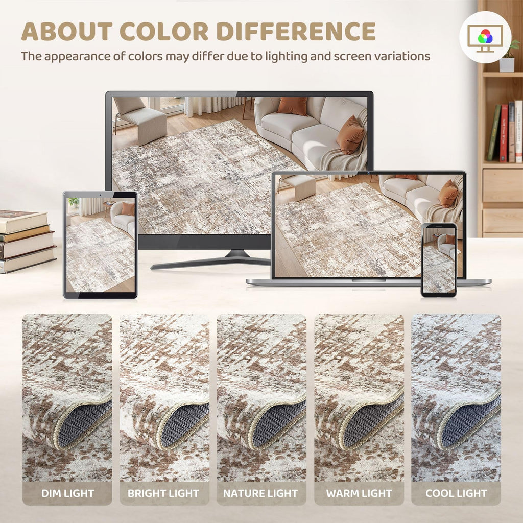 UERMEI 3x5 Area Rug Living Room Rugs - Washable Neutral Modern Abstract Soft Thin Rug Indoor Floor No Slip Rug Carpet for Bedroom Under Dining Table Home Office Decor - Brown/Grey/Red
