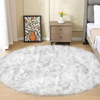 ORINOVA White and Grey Round Rugs 6ft Circle Furry Rug for Living Room Washable Shag Faux Sheepskin Fluffy Fur Rugs for Bedroom Nursery Rug